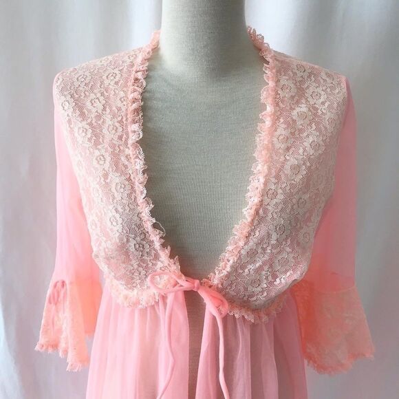 Vintage bright pink nylon lace  robe size S - Picture 2 of 10